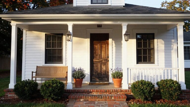White clapboard house exterior with black-framed six-over-six windows, black front door, white porch columns, hanging lantern above door, two side lanterns, wicker chairs on porch, lavender plants in terracotta pots, brick steps, and stone walkway.