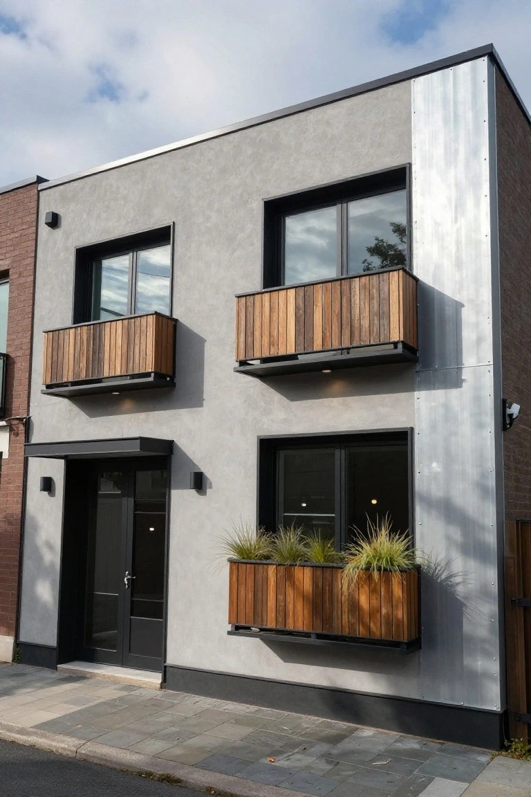 A two-story modern house with light gray stucco walls, black-framed windows and doors, wooden balconies and planters with grasses, and vertical metal cladding on the right side, viewed from the street.