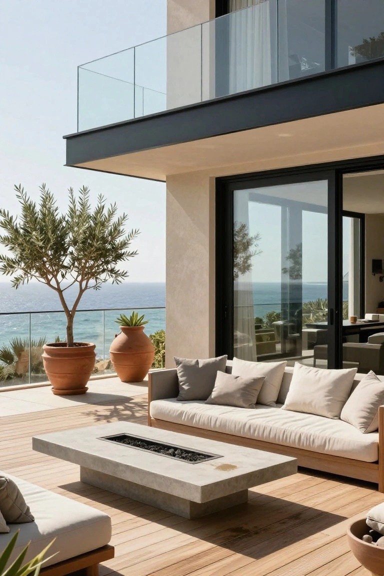Balcony terrace featuring light beige stucco walls, black-framed glass sliding doors, white modular sofa, rectangular concrete fire table, large terracotta pots with olive tree and agave plants, glass railing, ipe wood decking, and ocean view.