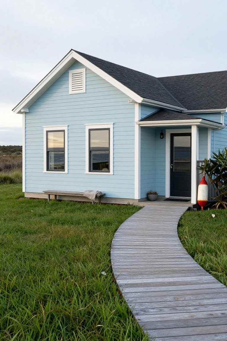 Light blue clapboard house with black-framed windows and door, white trim, small covered porch, red and white buoy decoration, potted plant, wooden bench on grass, and curved wooden walkway leading to the entrance.