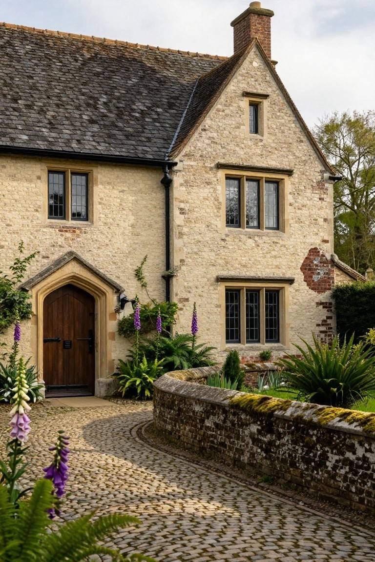 Two-story house with light beige stone walls, black-framed leaded windows, dark wooden arched door, surrounded by plants including foxgloves, and a curving pebble path with a low stone wall.