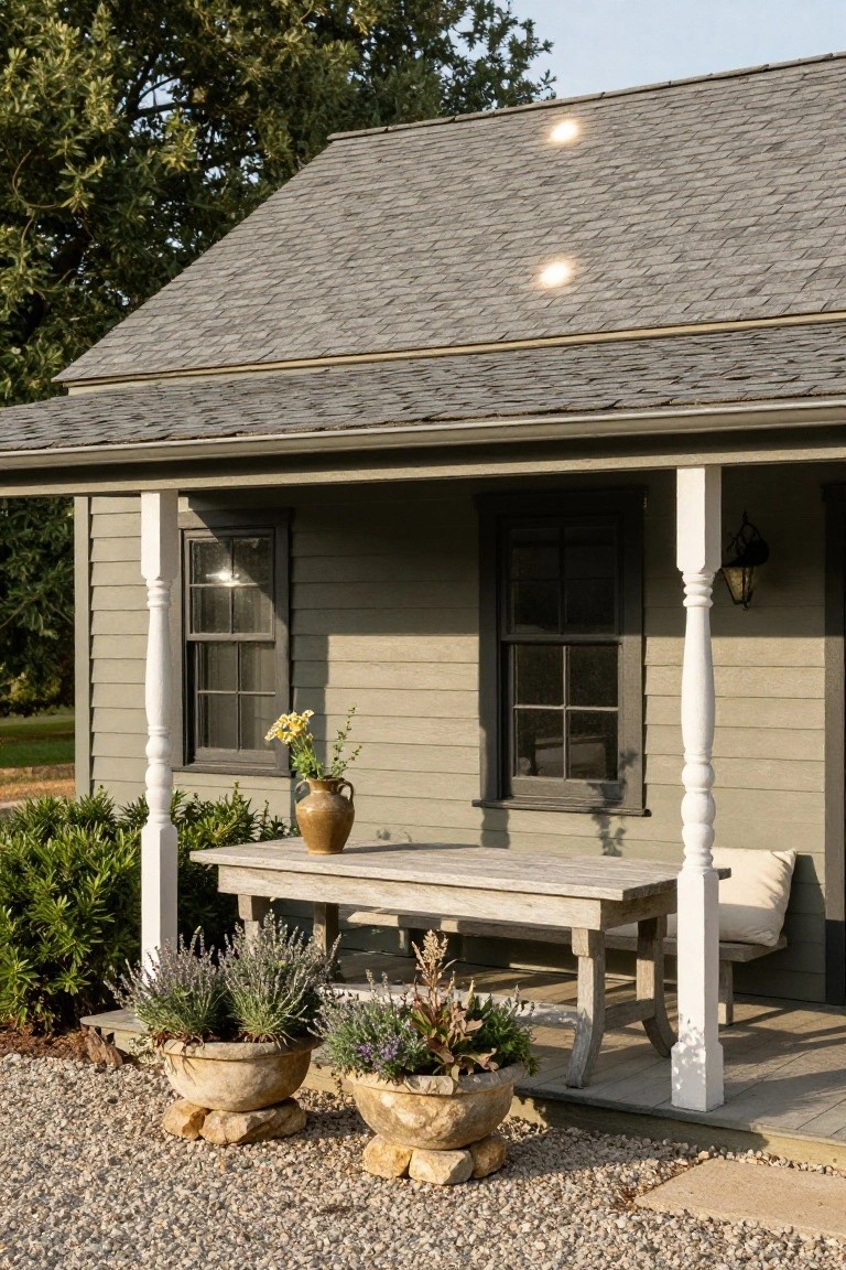 Gray-green sided house with black-framed windows under a covered porch featuring white posts, a wooden table with a vase, potted plants, and gravel ground.