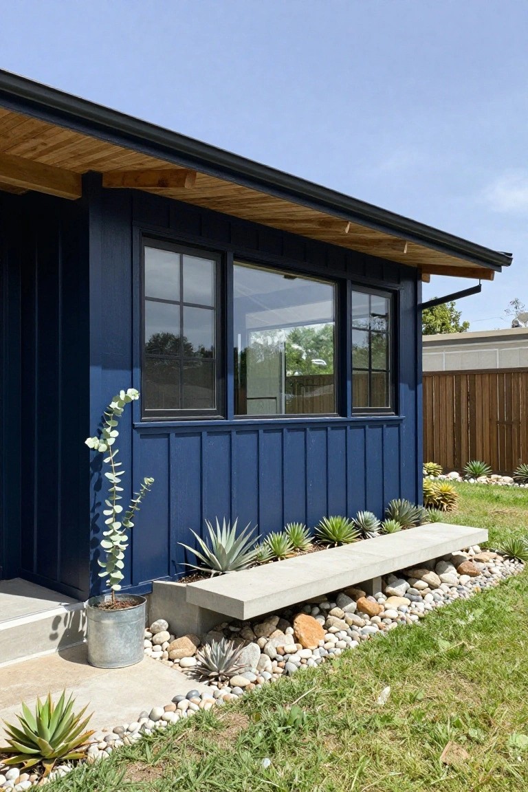 Side view of a house featuring navy blue vertical siding, black-framed grid windows, wooden roof eaves, a concrete bench, and succulent plants with river rocks along the base.