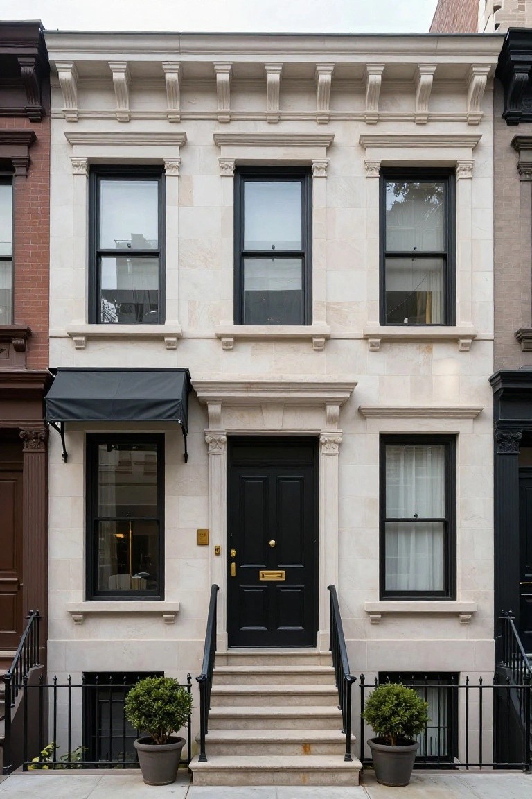 Narrow three-story townhouse with pale beige stone facade, black-framed windows and door, black awning over entrance, steps with iron railings, potted boxwood shrubs, flanked by brick and brownstone neighbors on city sidewalk.