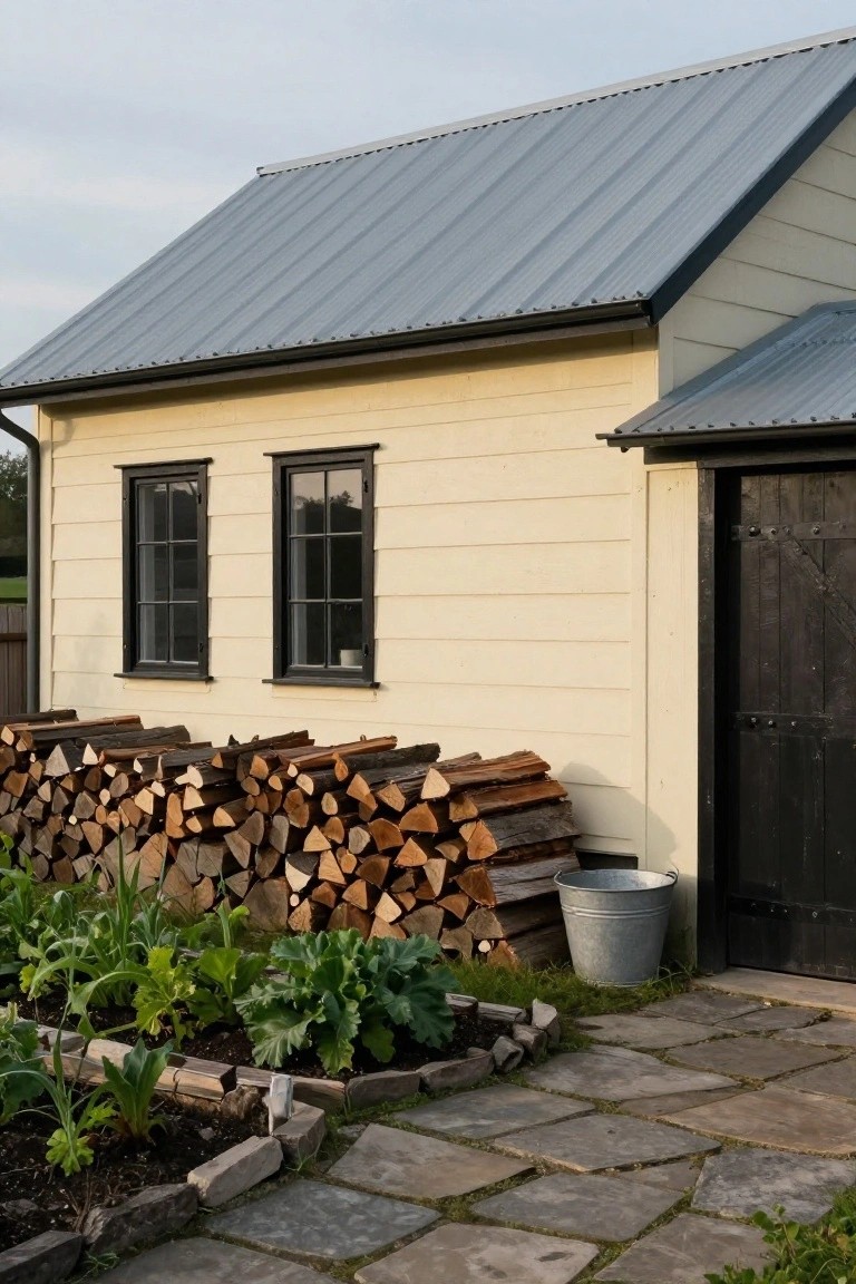 Side view of a pale yellow clapboard house with black-framed windows, gray metal roof, stacked firewood, small vegetable garden in a raised bed, metal bucket, and stone pathway beside a black door.