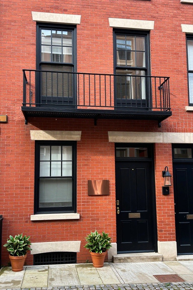 Two-story red brick townhouse facade with black-framed windows, a black metal balcony on the upper level, black front door, copper house number plaque, and potted plants flanking the entrance on a stone pathway.