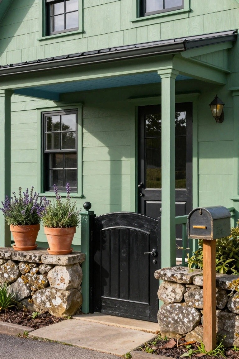 Sage green clapboard house exterior with black-framed windows, black front door under a covered porch supported by columns, black gate between stone walls with potted lavender plants, and a metal mailbox on a wooden post.