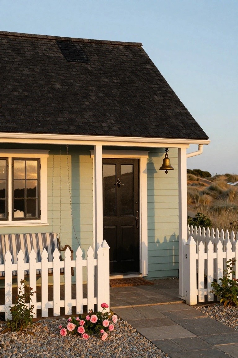 Light green clapboard house with black-shingled roof, black front door, white trim and porch posts, hanging brass bell, striped bench swing, white picket fence, pink roses, gravel bed, paver path, and dune grass in background.