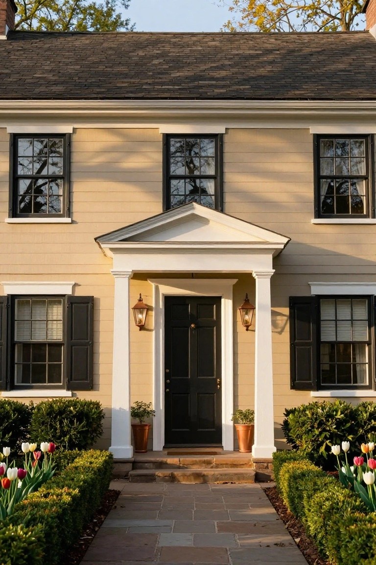 Two-story beige clapboard house with black-framed windows, black front door, white pedimented portico, flanked by boxwood hedges and tulip flower beds along a stone walkway.