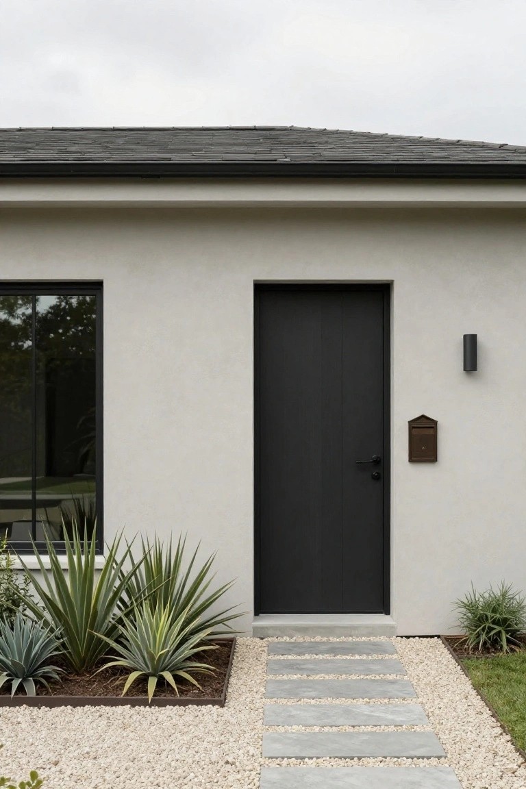 House exterior with light gray stucco walls, black-framed tall window on the left, black front door on the right, wall-mounted light fixture, brown mailbox, raised bed of agave plants, gravel ground cover, and gray stone steps leading to the door.