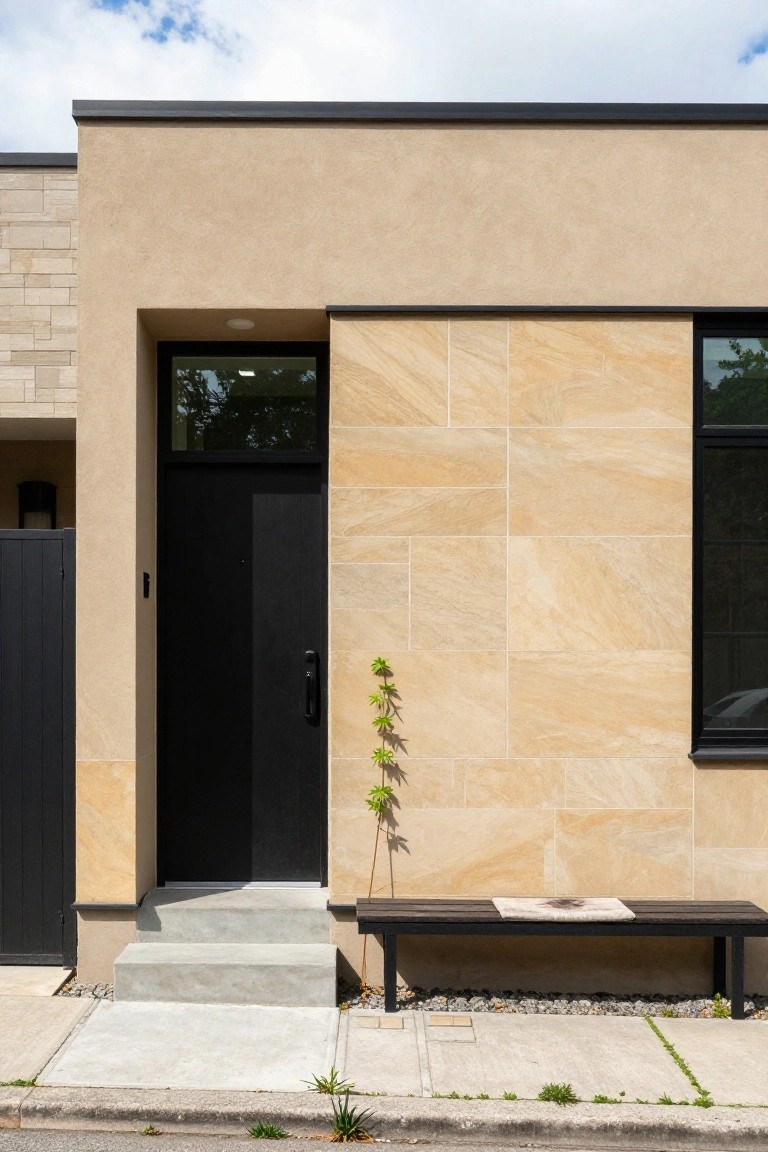 Modern house exterior with beige stucco and large beige stone tile cladding, black-framed glass door and window, wooden bench, small plant, concrete steps, and black metal gate beside a sidewalk.