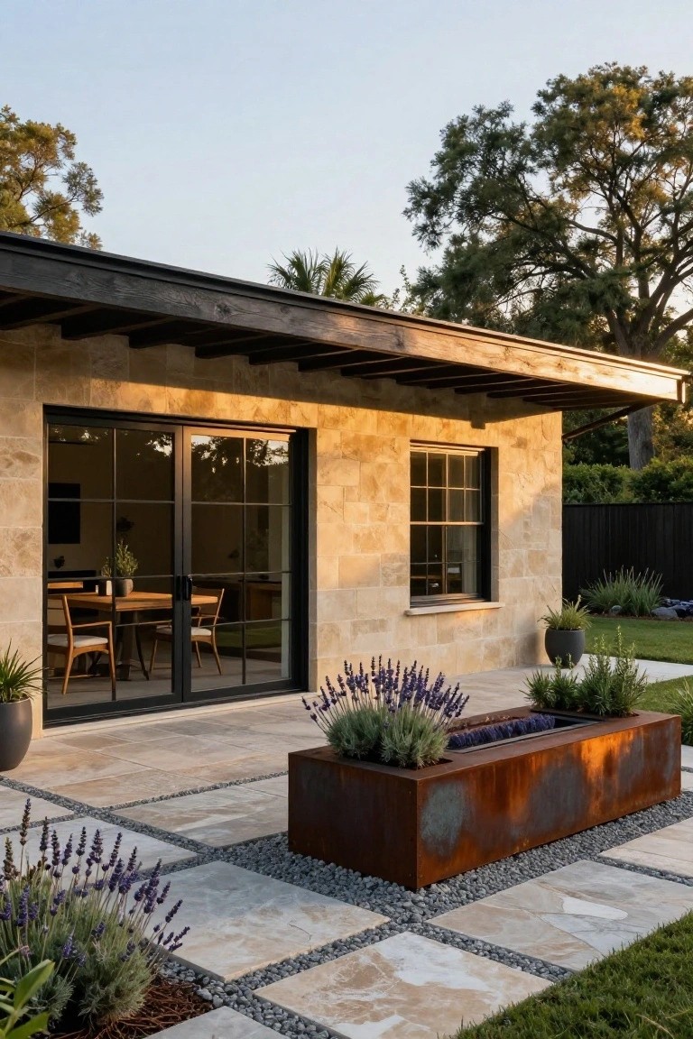 Side exterior of a house with light beige stone walls, black metal-framed sliding glass doors and window, dark wood beam overhang, concrete patio with metal fire feature box and lavender plants.