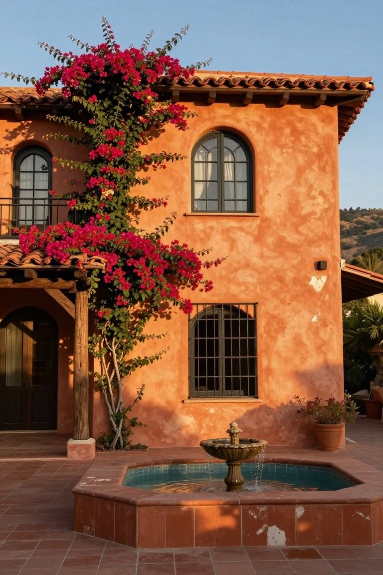 Terracotta stucco house exterior with arched black metal-framed windows, climbing red bougainvillea vines, wooden porch supports, tiled roof, and octagonal fountain in a tiled courtyard.