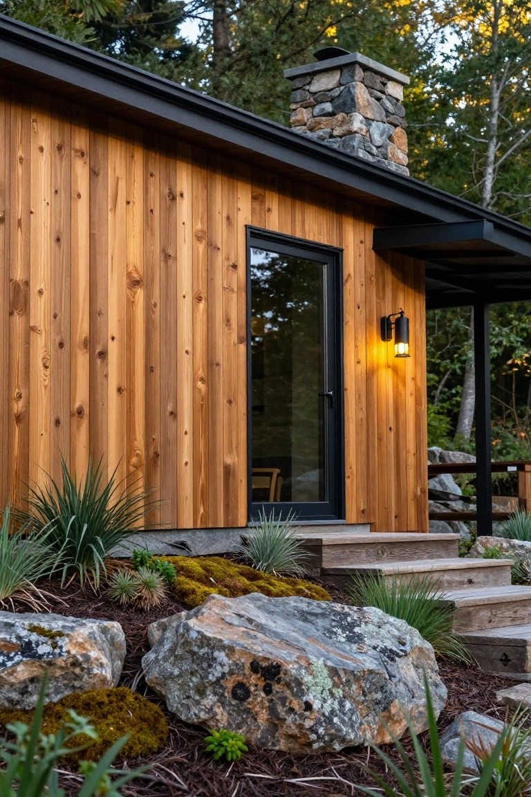 Side view of a cabin with vertical warm-toned wood plank siding, black-framed glass door and windows, stone chimney, exterior wall light, wooden steps, large rocks, low plants, moss, and surrounding forest trees.