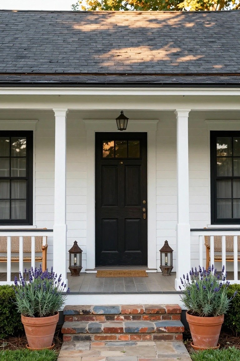 White clapboard house exterior with black-framed six-over-six windows, black front door, white porch columns, hanging lantern above door, two side lanterns, wicker chairs on porch, lavender plants in terracotta pots, brick steps, and stone walkway.
