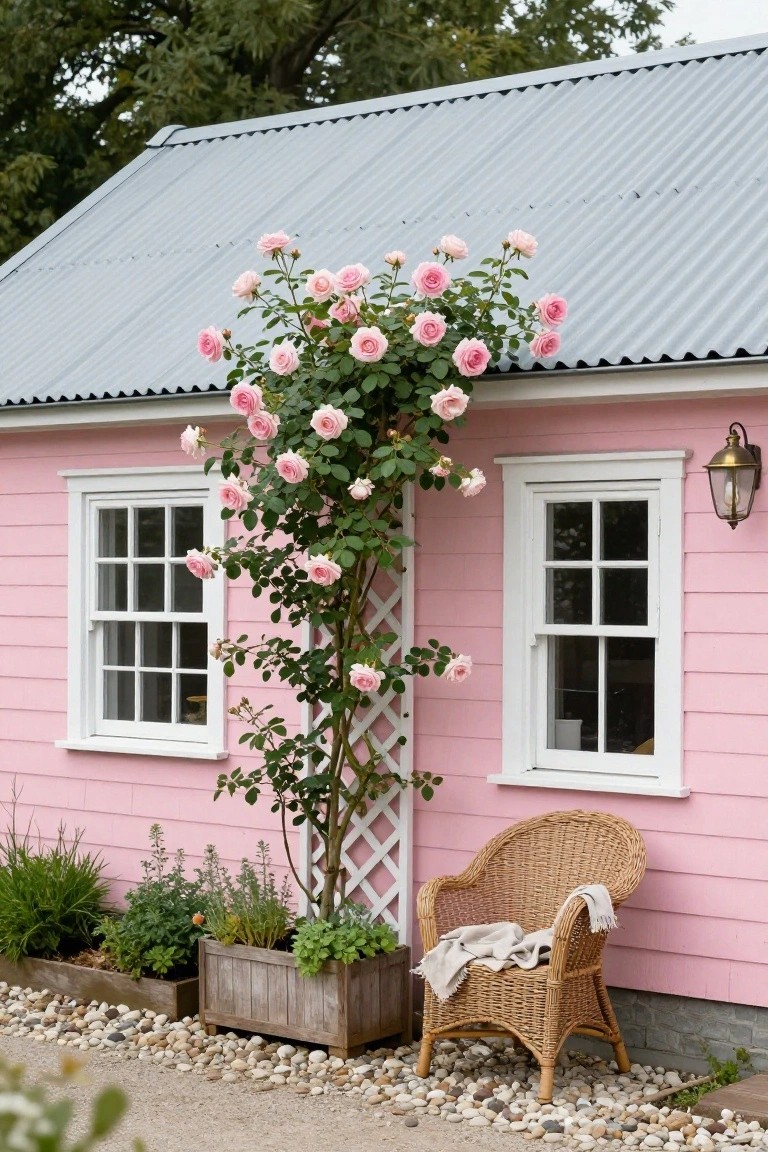 Small pink clapboard house with gray corrugated metal roof, white window frames, pink climbing roses on white trellis, wicker chair with beige throw blanket, wooden planter boxes with greenery, and gravel path in front.