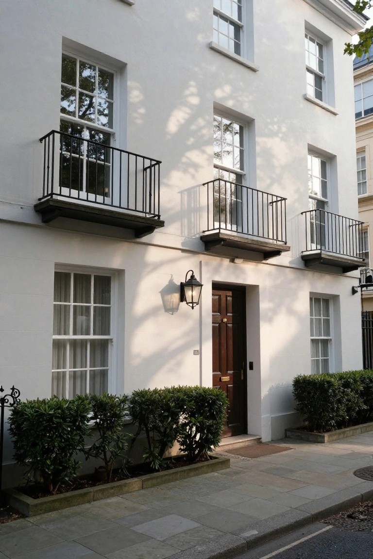 Three-story white stucco townhouse facade with multiple white sash windows, black iron balconies on upper levels, paired lanterns beside a dark wood front door, and low boxwood shrubs in planters at the base along a stone sidewalk.