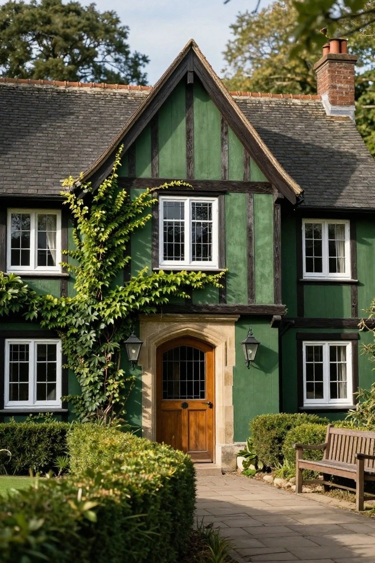 Green half-timbered house with dark wood beams, white window frames, climbing ivy on one side, arched wooden front door flanked by lanterns, stone path, hedges, and wooden bench in front yard.