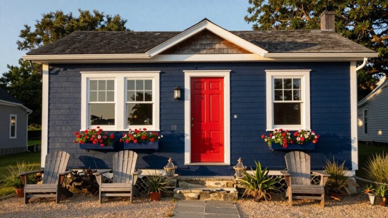 Front facade of a small navy blue shingled house with white window frames, red front door, flower boxes with red geraniums, wooden steps with lanterns, stone retaining walls, and gravel landscaping.