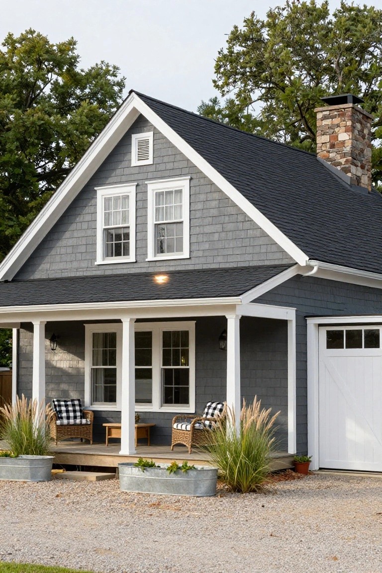 Gray shingle-sided house with white window frames and trim, gabled black roof, covered front porch with wicker chairs and potted plants, attached white garage door, and gravel driveway.