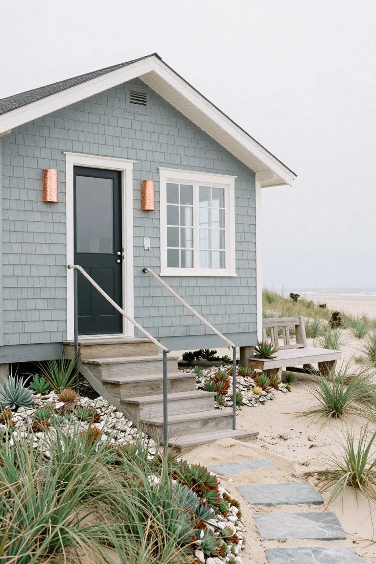Light blue-gray shingled cottage exterior elevated on posts with white window frames, black glass front door, wooden stairs with rope railings, succulent plantings, stone path, beach grass, and ocean dunes in the background.