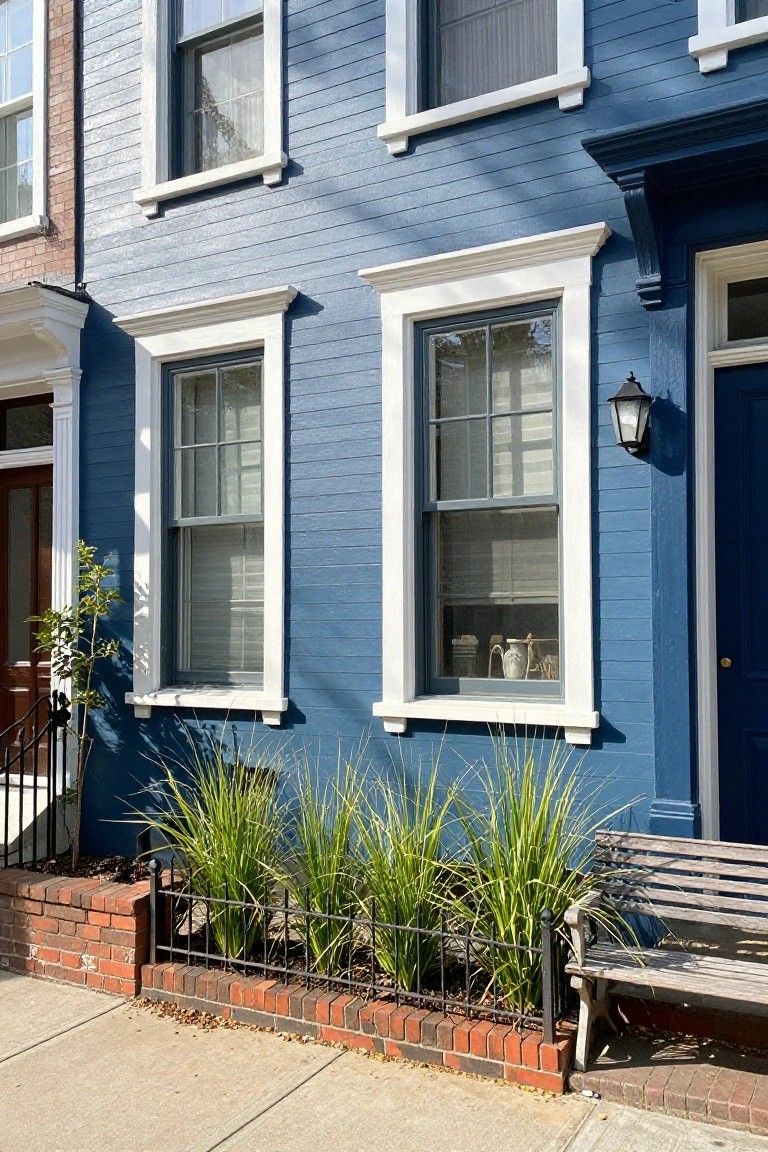 Blue painted brick rowhouse with white window frames and trim, dark blue front door, lantern light, low brick wall with ornamental grasses and a wooden bench along the sidewalk.