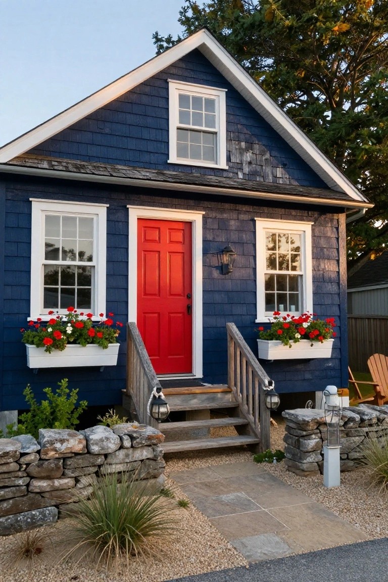 Front facade of a small navy blue shingled house with white window frames, red front door, flower boxes with red geraniums, wooden steps with lanterns, stone retaining walls, and gravel landscaping.