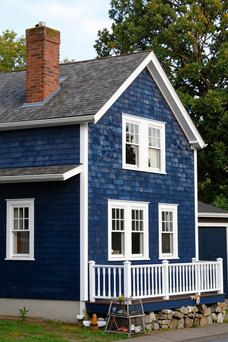 Two-story house with navy blue shingle siding, white window frames and trim, brick chimney, front porch with white railing, stone foundation, and nearby lobster trap.