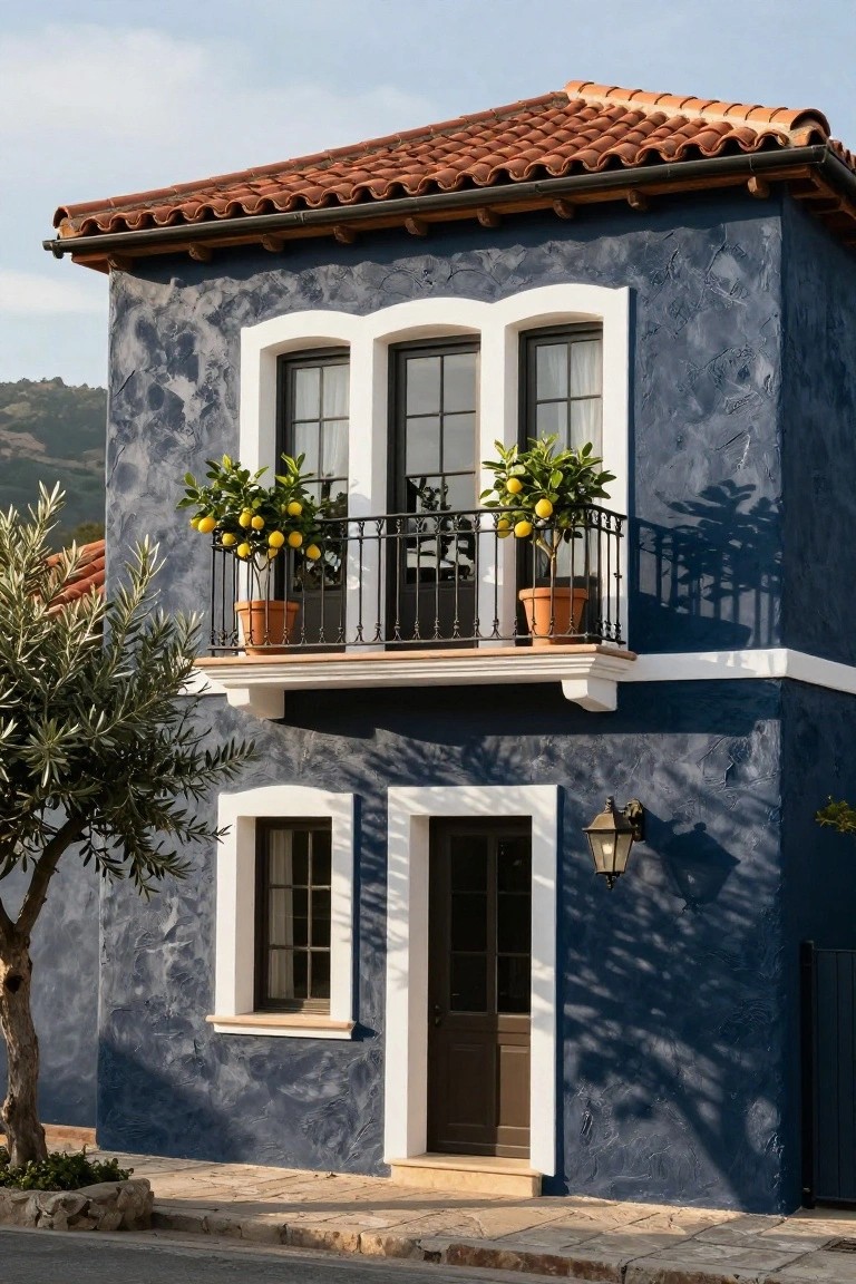 Two-story house with textured navy blue stucco walls, white arched window frames, balcony railing with potted lemon trees, terracotta tile roof, dark wood front door, lantern light, olive tree beside the entrance, and stone-paved street.