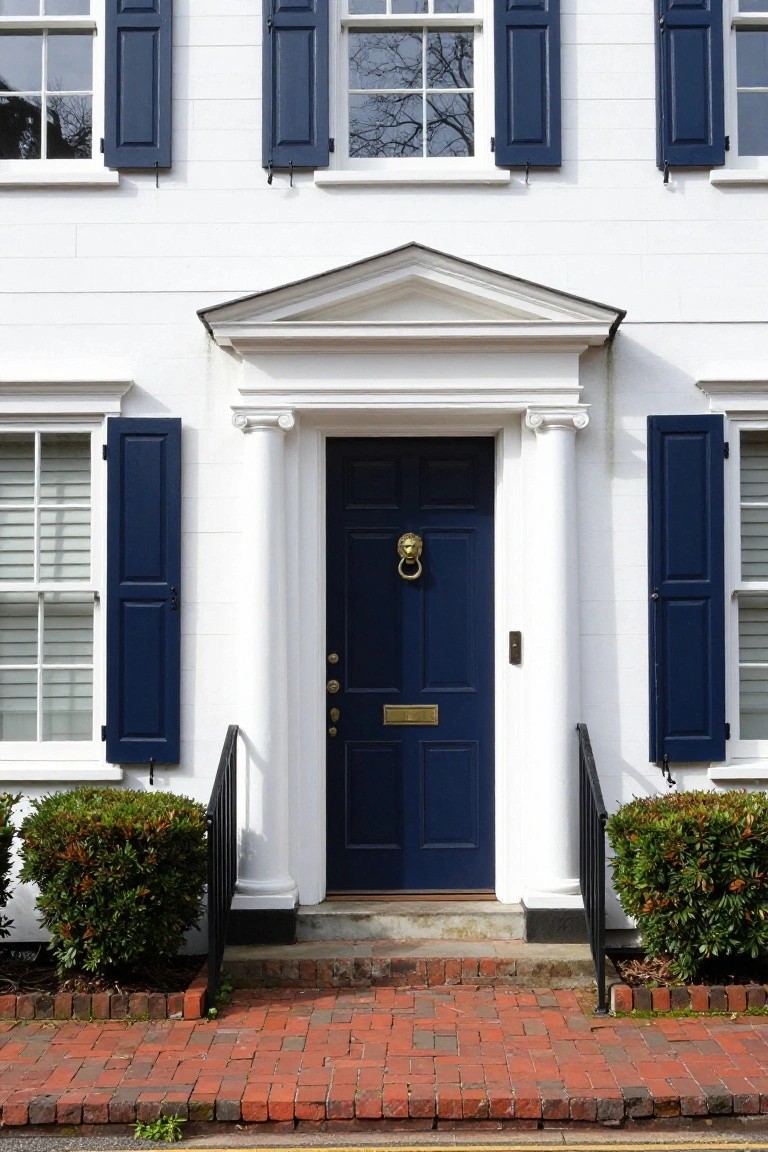 White clapboard house facade with navy blue front door featuring brass lion knocker and letterbox, flanked by white columns and matching navy shutters on multipaned windows, black iron railings on brick steps, and low boxwood shrubs.