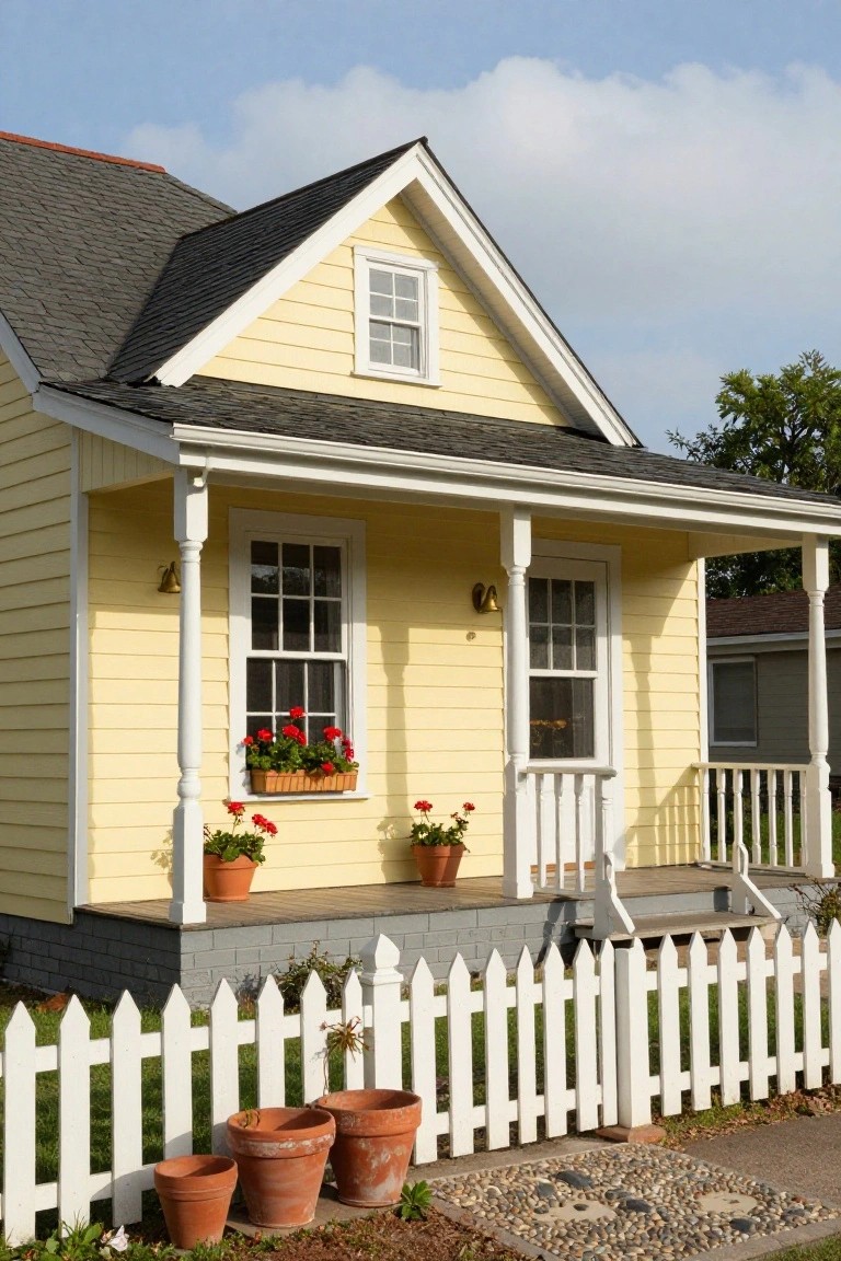 A small pale yellow house with white window frames, covered front porch, flower boxes and potted plants, white picket fence, and gravel path in the front yard.