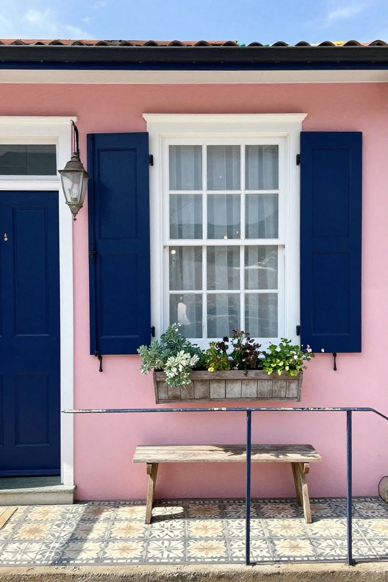 Pink stucco house exterior with navy blue front door and shutters flanking a white-framed window with sheer curtains and a wooden planter box of greenery, blue metal railing, wooden bench, and colorful tiled path.