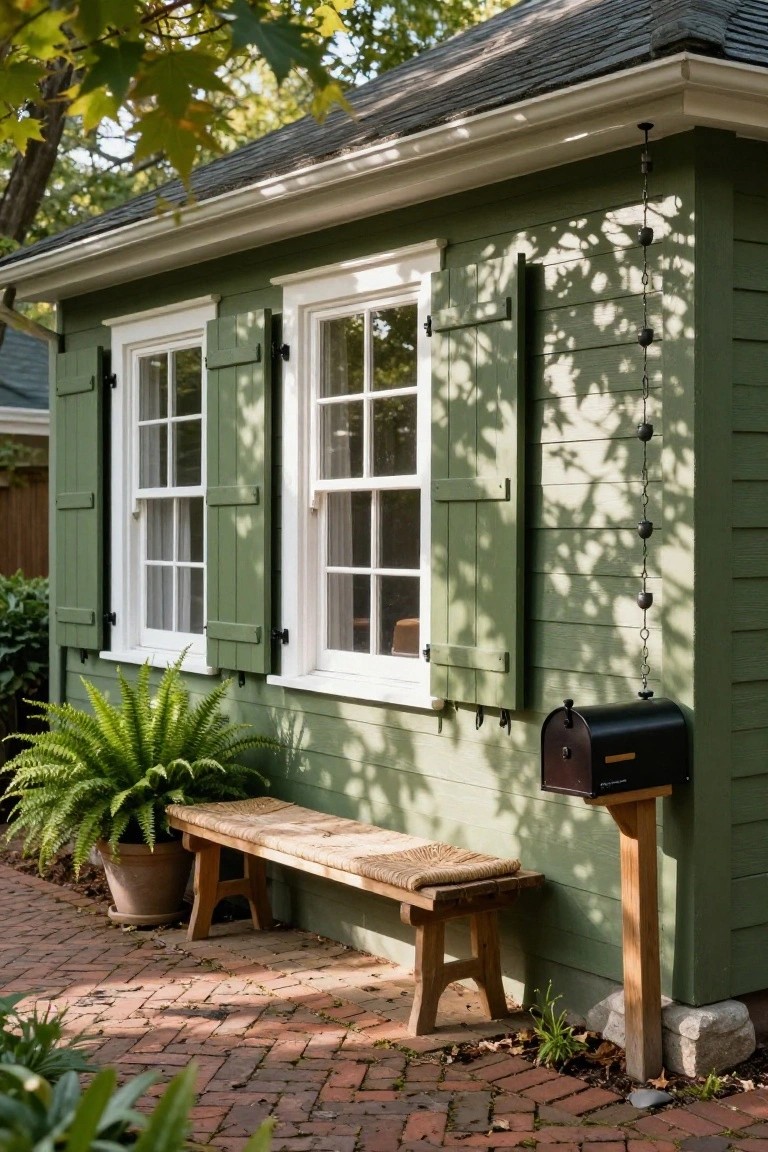 Small sage green shed with white-framed double-hung windows, green shutters, wooden bench, potted fern, black mailbox on post, and brick path in a garden setting.