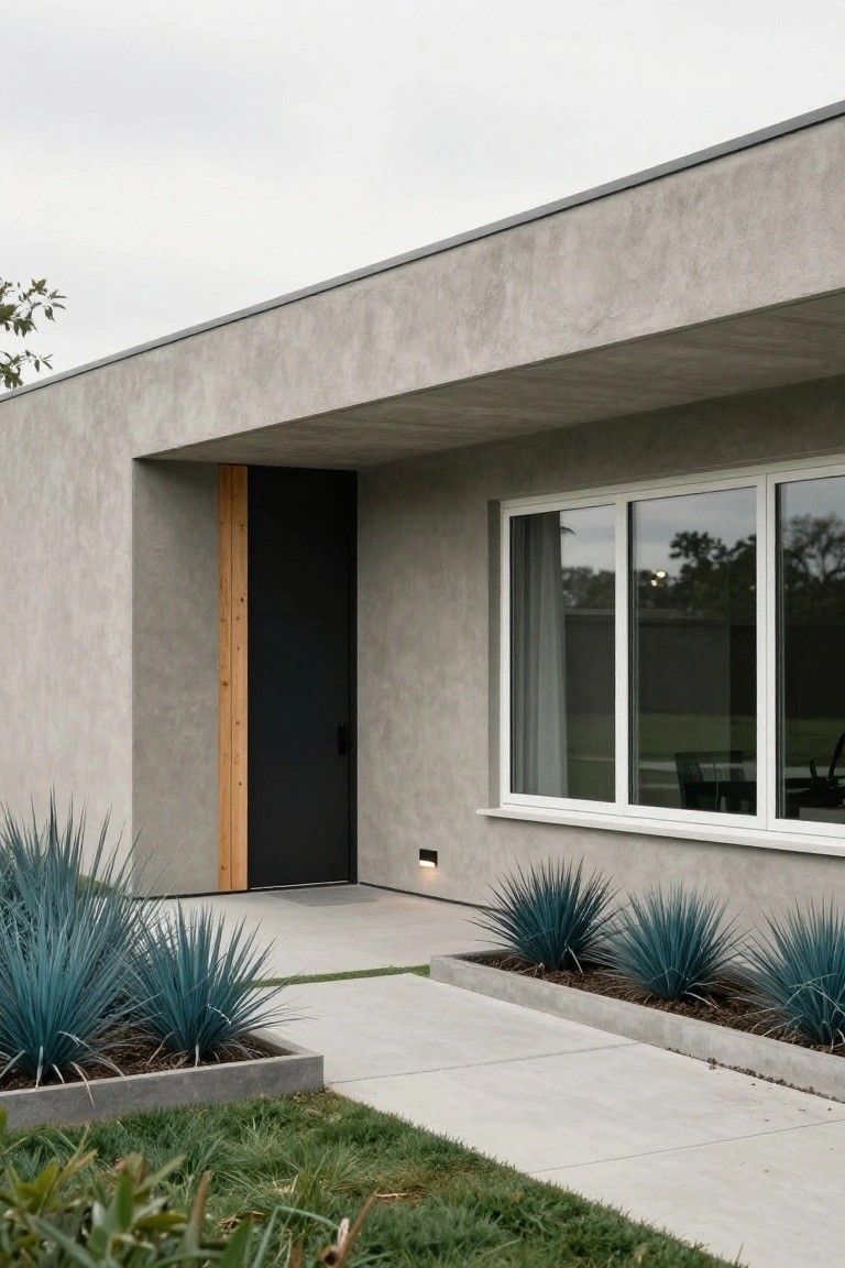 Modern house exterior with light gray textured stucco walls, black front door accented by vertical wood trim, triple white-framed windows, blue agave plants in raised concrete planters, and a concrete pathway leading to the entry.