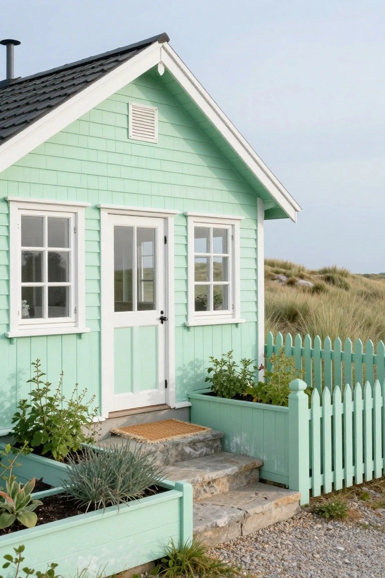 Small mint green clapboard house with white-framed double windows and glass-paneled door, matching green picket fence and planters with plants, stone steps, on gravel near grassy dunes.