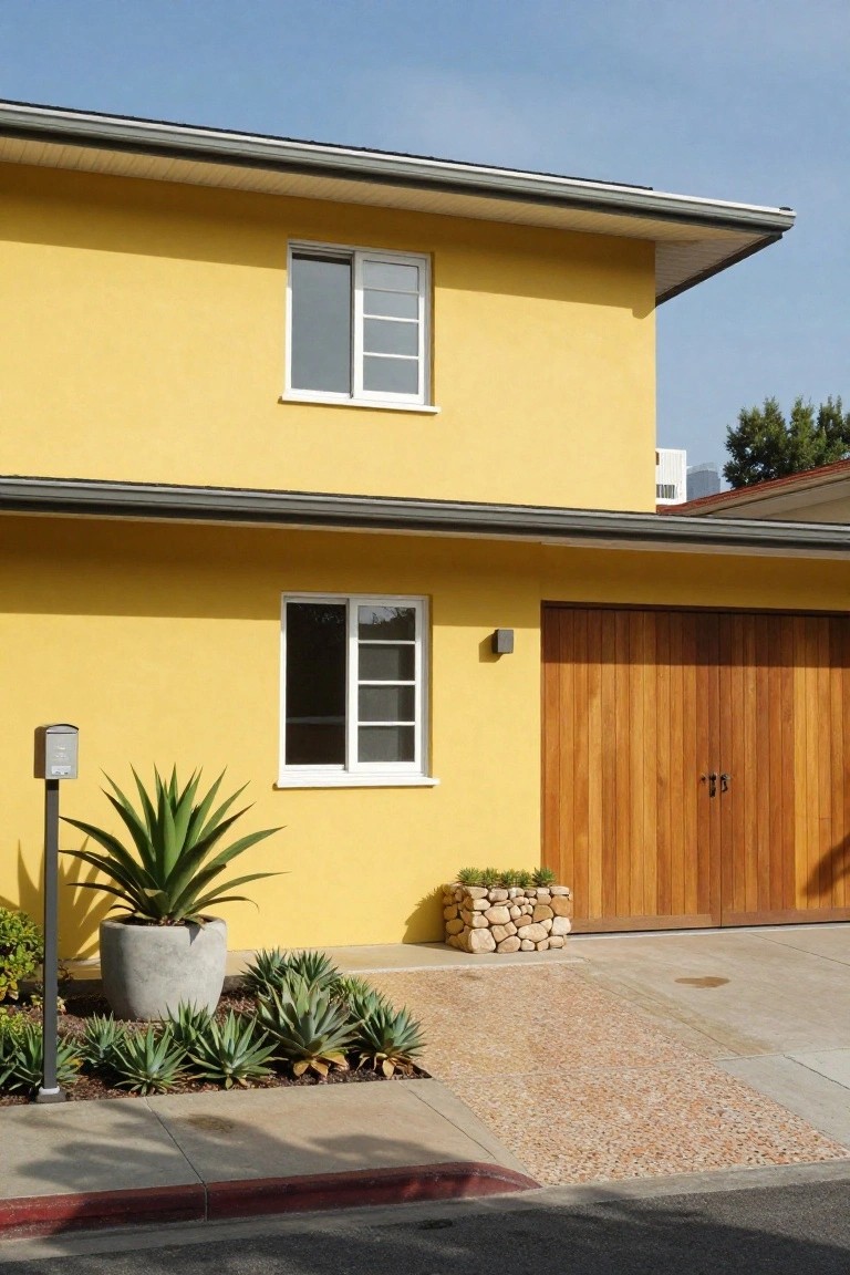 A two-story yellow house with white window frames, wooden garage door, potted agave plant, stone planter, and concrete driveway edged in brick pavers.