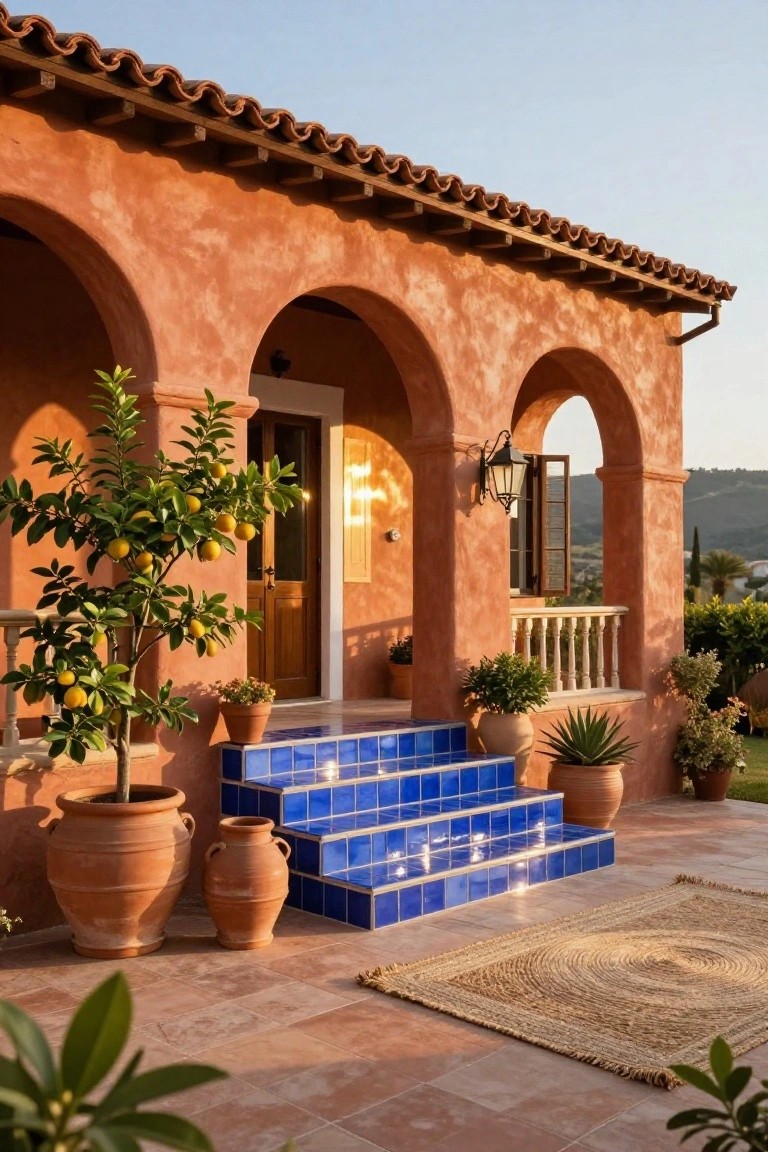Terracotta stucco house facade with arched doorways and balcony, white-framed wooden door, blue tiled entry steps, large terracotta pots, lemon tree, and potted plants on a tiled patio at sunset.