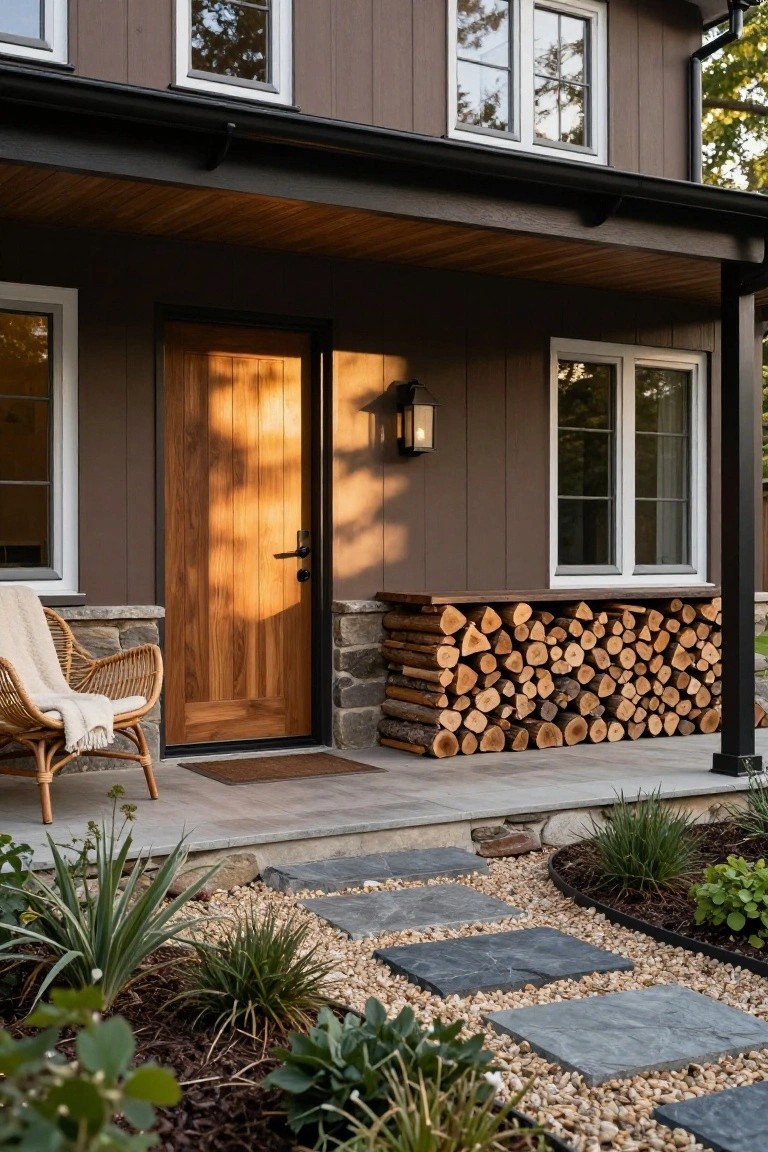 Front view of a two-story house with brown vertical siding, white window frames, a wooden front door, black metal porch roof supported by stone pillars, a stack of firewood next to the door, a wicker chair on the porch, and a stone pathway edged with plants and gravel.