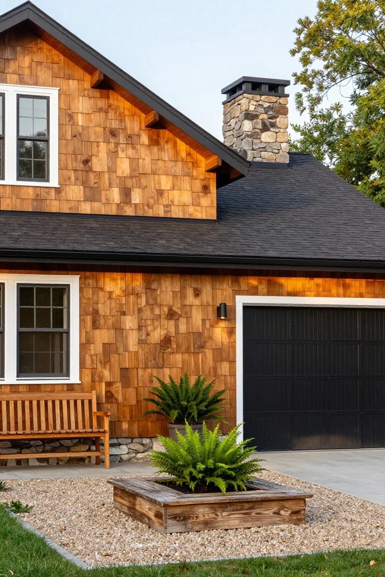 Side view of a house with warm-toned wood shingle siding, white-framed windows, stone chimney, black garage door, wooden bench, potted ferns, and gravel landscaping with a planted box.