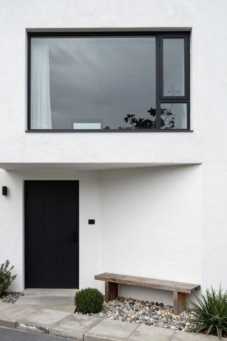 White stucco house facade with large black-framed window above a black front door, wooden bench, small shrubs, pebbles, and stone pathway.