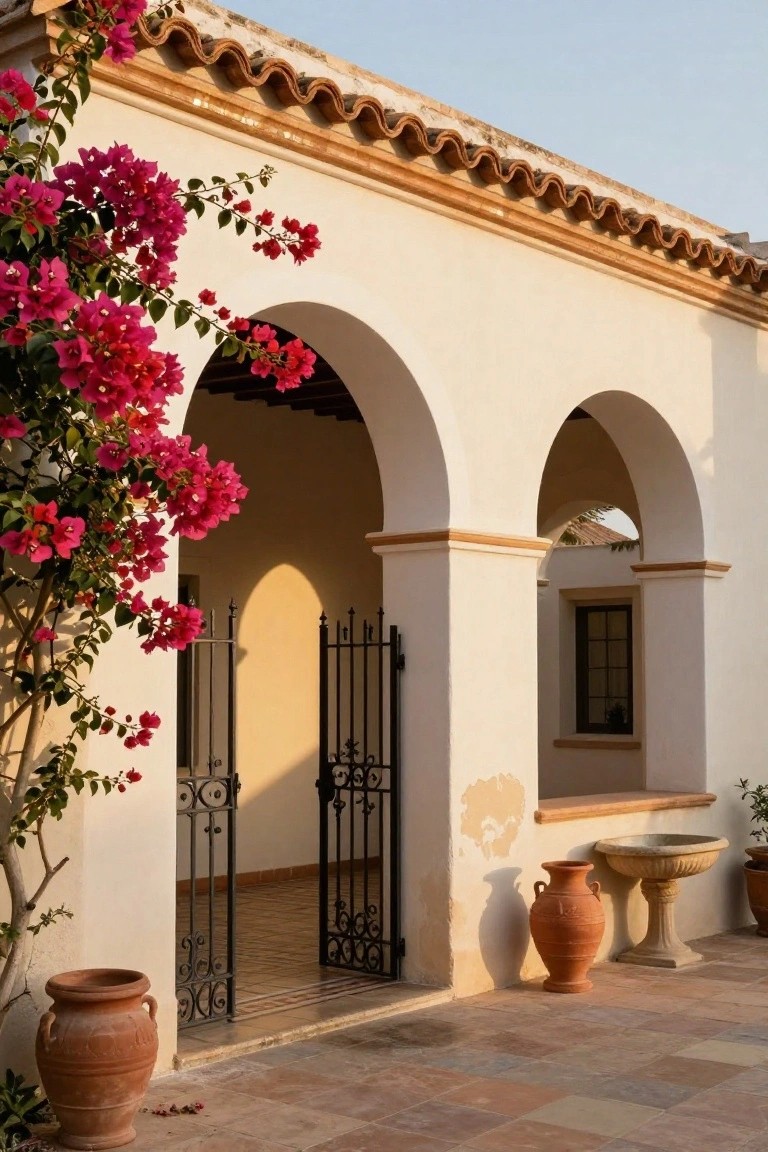 White stucco house exterior featuring double arches with an open black wrought iron gate, pink bougainvillea vines climbing the left arch, terracotta pots on a tiled patio, and small plants near a stone basin.