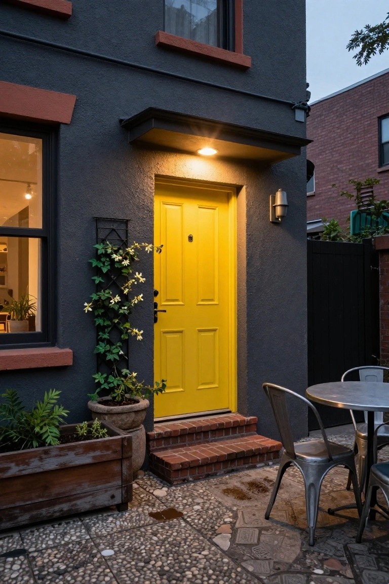 Dark gray house exterior with a bright yellow front door, ivy trellis on the wall, brick steps, potted plants, and a small metal table with chairs on a pebble stone patio at dusk.