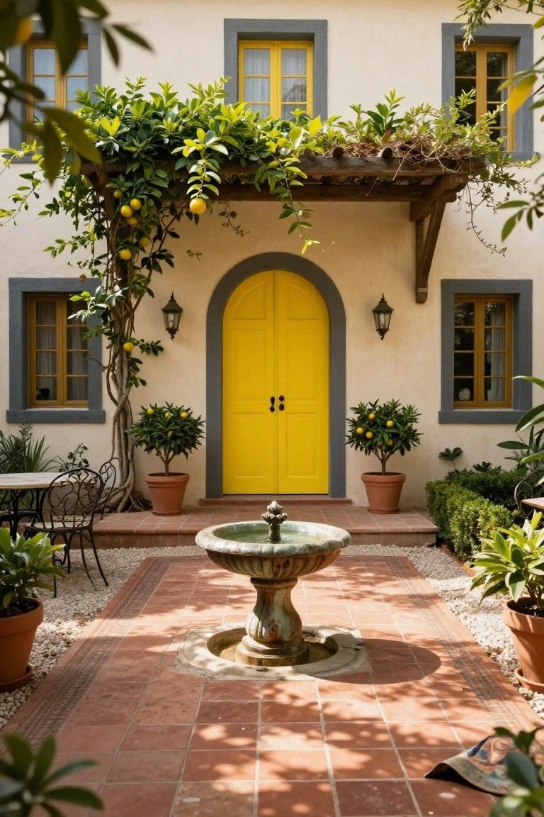 Beige stucco house exterior with arched yellow front door, dark gray window frames, yellow-framed windows, lemon vines over pergola, potted lemon trees, and stone fountain on terracotta patio.