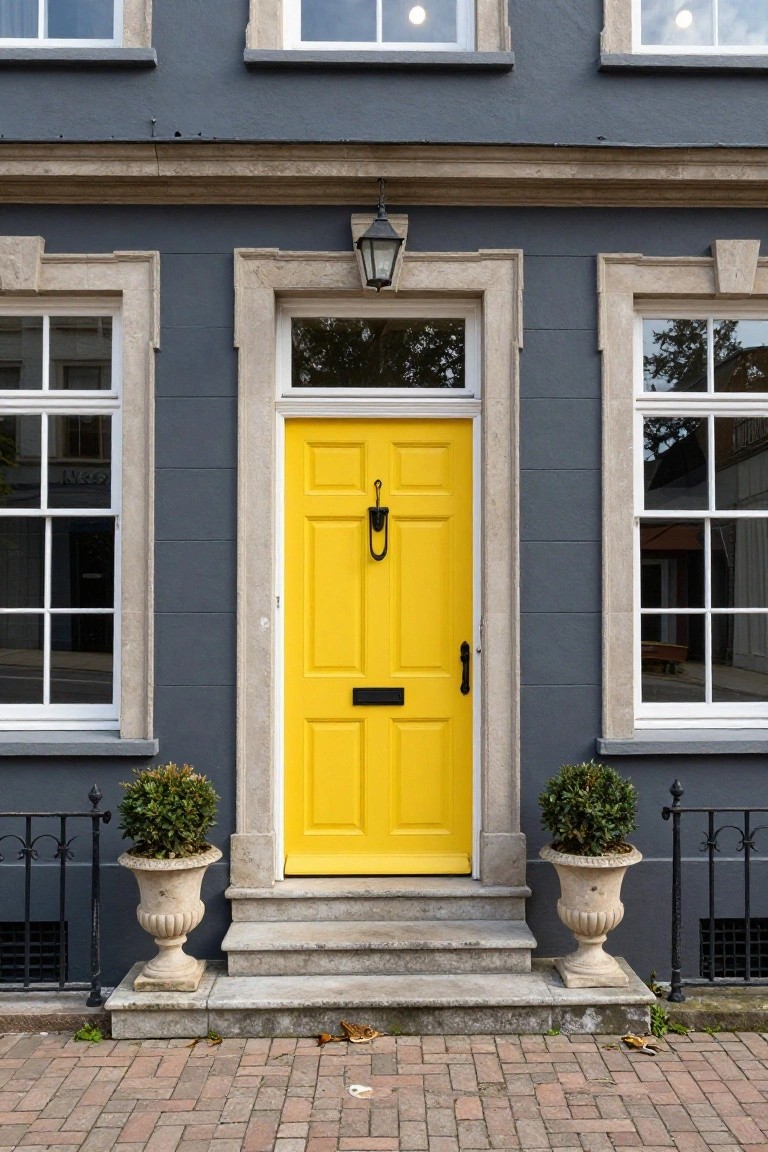 Dark gray townhouse facade with yellow six-panel front door, black letterbox and knocker, stone surrounds on windows and door, lantern light above, potted plants in urns flanking steps, and brick pavement.