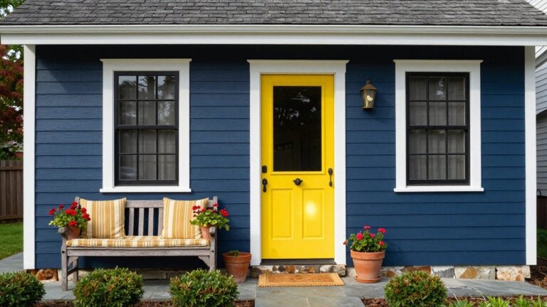Navy blue clapboard house with white trim, yellow front door with glass panel, white porch columns, wooden bench, potted red geraniums, stone steps, and landscaping in front yard.