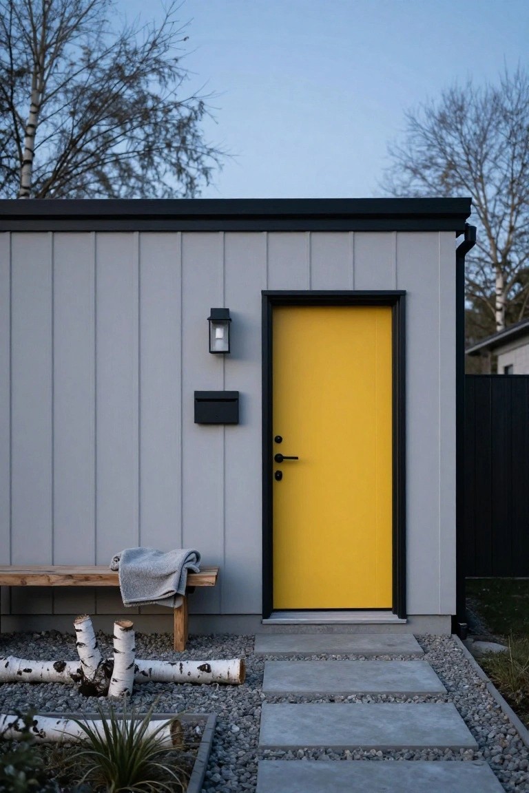 Gray vertical siding on a small modern building with a bright yellow front door, black trim and knob, wall light and mailbox, wooden bench with gray blanket and birch log accents, concrete paver path, gravel and plants in front yard with birch trees.
