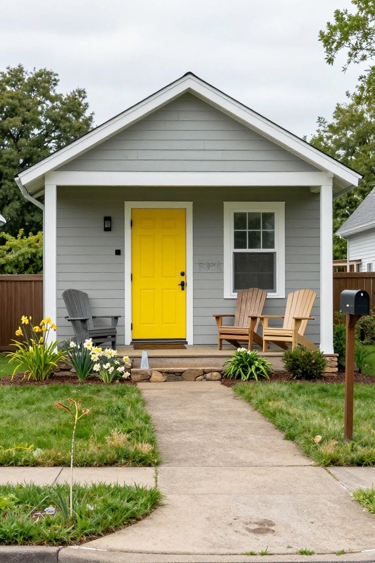 Small gray house with white trim and yellow front door on a porch with Adirondack chairs, stone steps, flower beds, and concrete pathway in a yard with grass and trees.