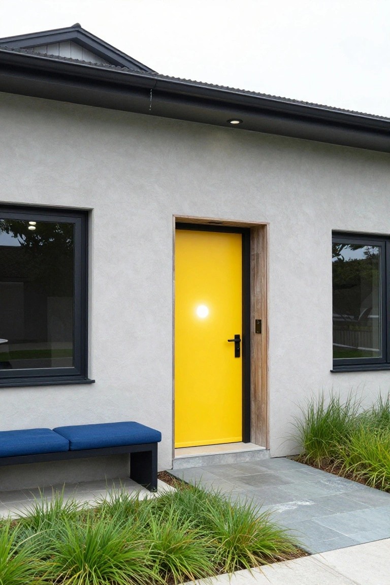 Gray stucco house exterior featuring a yellow front door with wooden frame, black-framed windows on either side, blue bench nearby, stone path, and ornamental grasses.