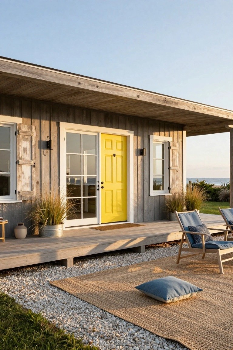 Weathered gray shiplap house with a bright yellow glass front door, white trim, shutters on flanking windows, wooden porch with chairs and potted plants, pebbled yard, and ocean view in background.