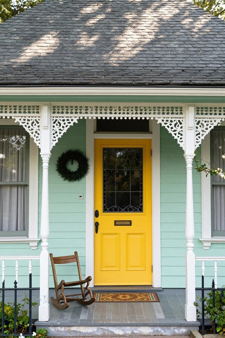 Mint green house with white gingerbread porch trim and columns, yellow front door with stained glass window and black wreath, rocking chair on porch, and plants nearby.